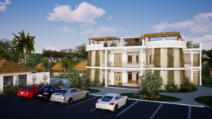 Modern villa apartment featuring bamboo landscape design, decorative pergola with climbing flowering vines, and contemporary outdoor living space.